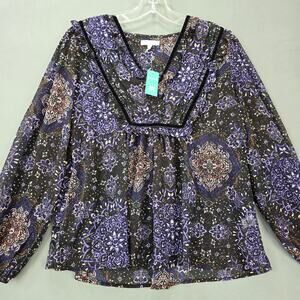 Maurices Black Blouse Shirt NEW $ 39 Purple Floral V-Neck Long Sleeves Womens XS